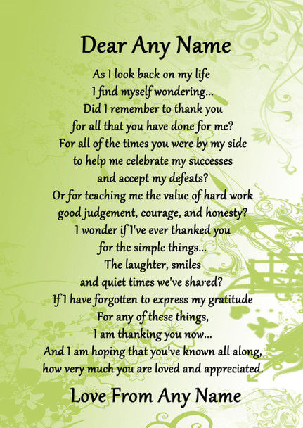 Green All You Have Done For Me Personalised Poem Certificate