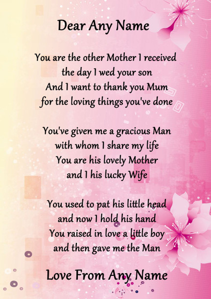 Pink & Yellow My Husbands Mum Personalised Poem Certificate