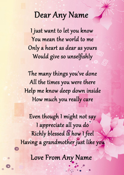 Pink & Yellow My Lovely Grandmother Personalised Poem Certificate