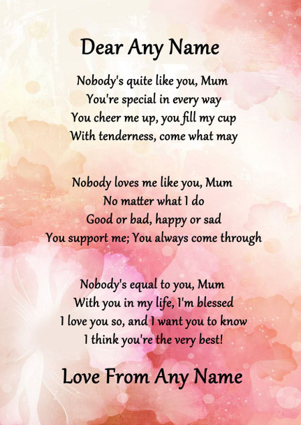Pink Floral Nobody Like You Mum Personalised Poem Certificate