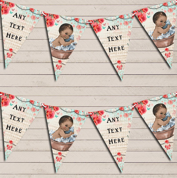 Vintage Shabby Chic Floral Brown Dark Skinned Boy Christening Bunting