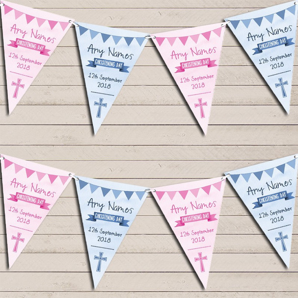 Blue Pink Boy Girl Twins Watercolour Banner Christening Day Christening Bunting