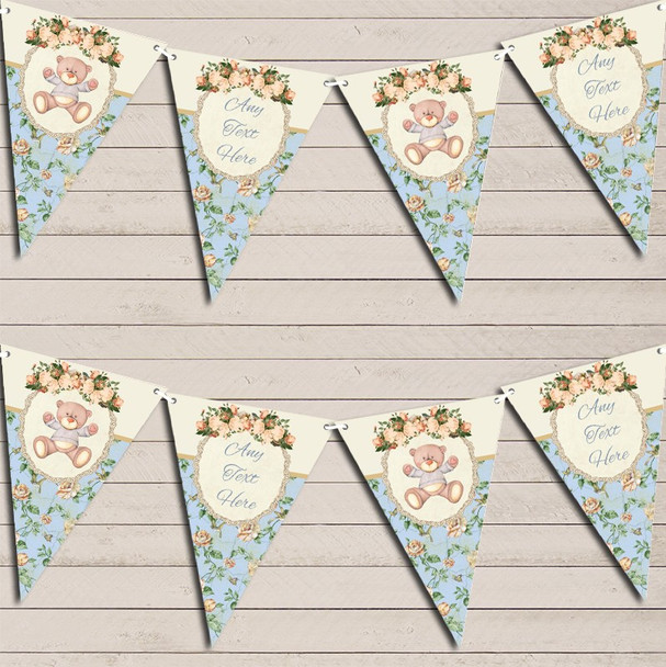 Teddy Bear Shabby Chic Floral Blue Boys Personalised Children's Birthday Bunting