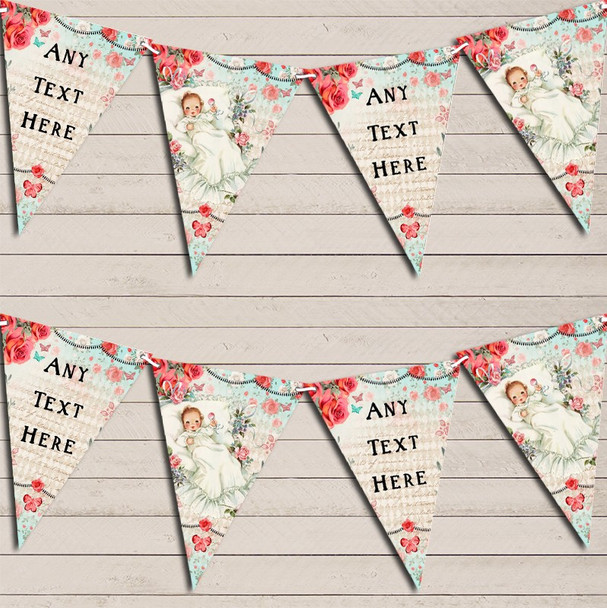 Vintage Shabby Chic Floral Pink Blue Baby Roses Children's Birthday Bunting