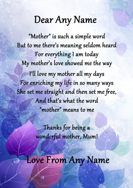 Purple What Mother Means Personalised Poem Certificate