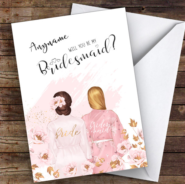 Brown Floral Hair & Blond Swept Hair Will You Be My Bridesmaid Personalised Wedding Card