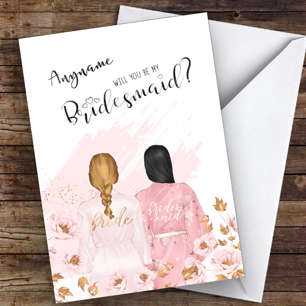 Blond Plaited Hair Black Swept Hair Will You Be My Bridesmaid Personalised Wedding Card