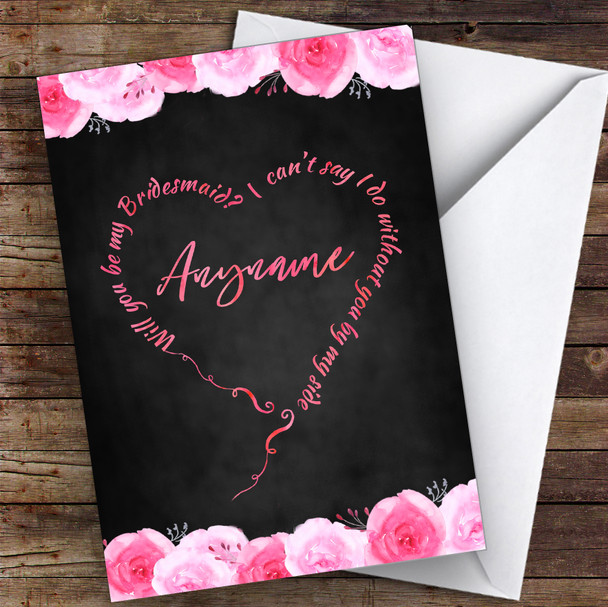 Text Heart Pink Flowers Will You Be My Bridesmaid Personalised Wedding Card