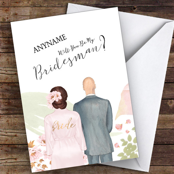 Brown Floral Hair Bald White Will You Be My Bridesman Personalised Wedding Card