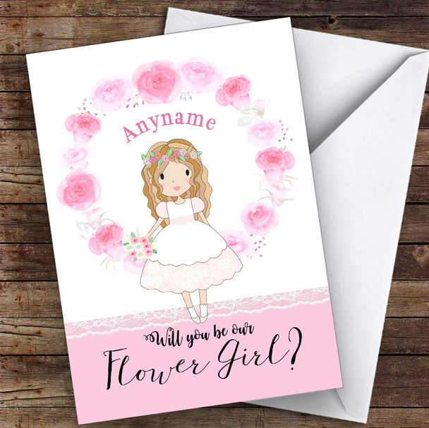 Cartoon Girl Long Wavy Hair Will You Be My Flower Girl Personalised Wedding Card