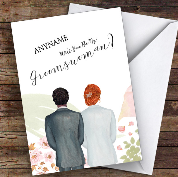 Curly Black Hair Ginger Hair Up Will You Be My Groomswoman Personalised Wedding Card