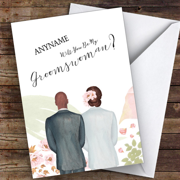 Bald Black Brown Floral Hair Will You Be My Groomswoman Personalised Wedding Card