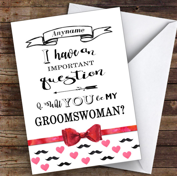 Moustache & Hearts Will You Be My Groomswoman Personalised Wedding Card