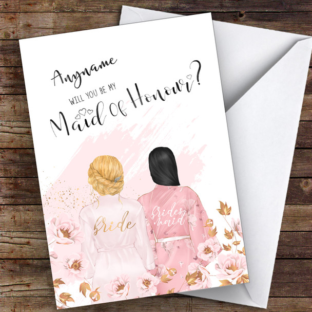 Blond Hair Up & Black Swept Hair Will You Be My Maid Of Honour Personalised Wedding Card