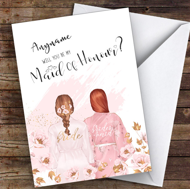 Brown Plaited Hair Ginger Swept Hair Will You Be My Maid Of Honour Custom Wedding Card