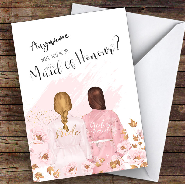 Blond Plaited Hair Brown Swept Hair Will You Be My Maid Of Honour Custom Wedding Card