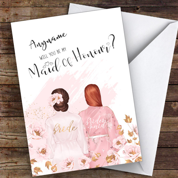 Brown Floral Hair Ginger Swept Hair Will You Be My Maid Of Honour Custom Wedding Card