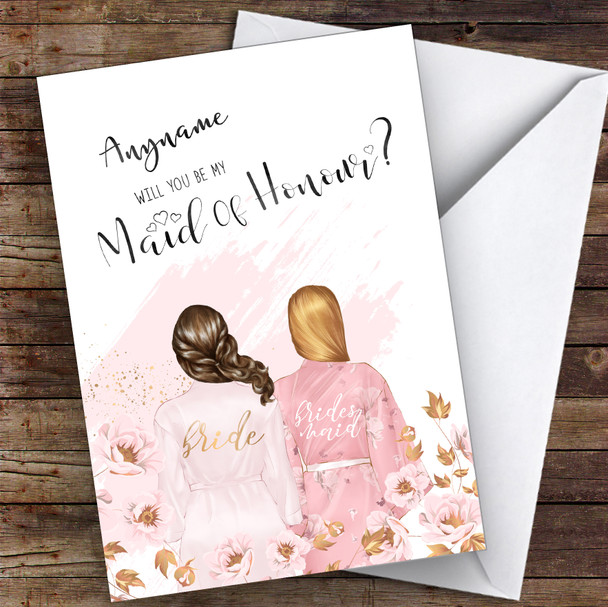 Brown Half Up Hair Blond Swept Hair Will You Be My Maid Of Honour Custom Wedding Card