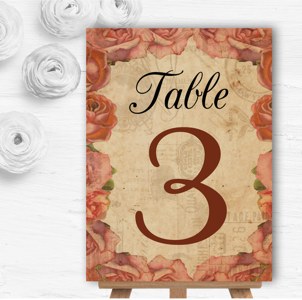 Shabby Chic Vintage Postcard Rustic Coral Rose Stamp Wedding Table Number Cards