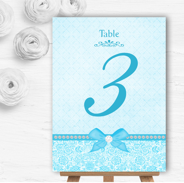 Pretty Floral Vintage Bow & Diamante Aqua Sky Blue Wedding Table Number Cards