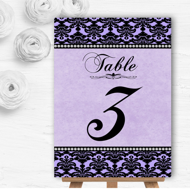 Lilac Purple Black Damask and Diamond Personalised Wedding Table Number Name Cards