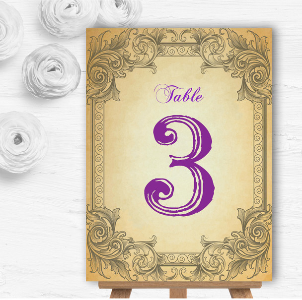 Typography Vintage Purple Postcard Personalised Wedding Table Number Name Cards