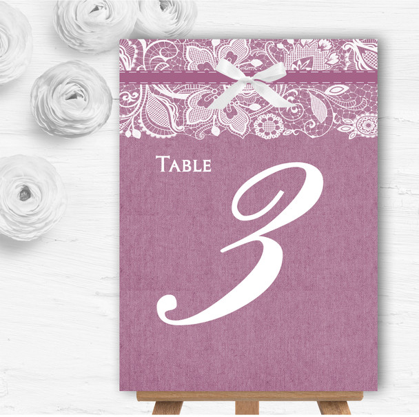 Vintage Plum Purple Burlap and Lace Personalised Wedding Table Number Name Cards