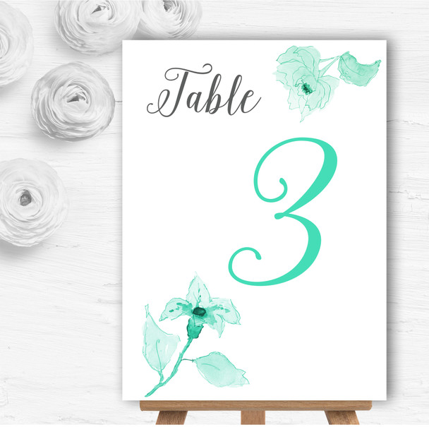 Beautiful Aqua Mint Green Watercolour Flowers Wedding Table Number Name Cards