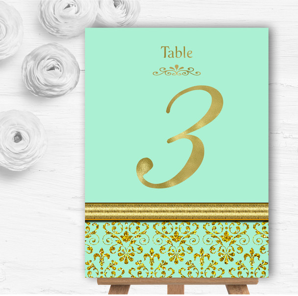 Mint Green & Gold Vintage Damask Personalised Wedding Table Number Name Cards