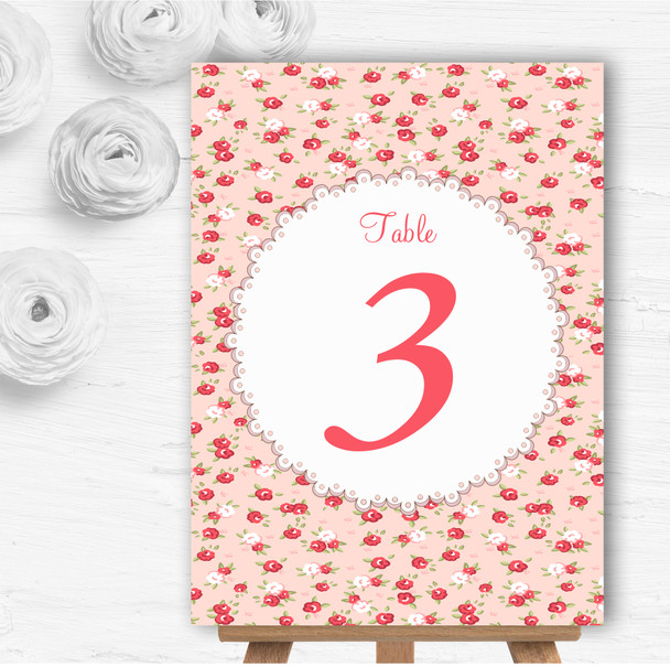 Red And Coral Pink Floral Shabby Chic Chintz Wedding Table Number Name Cards