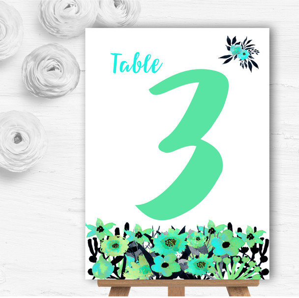 Black & Aqua Mint Green Watercolour Flowers Wedding Table Number Name Cards