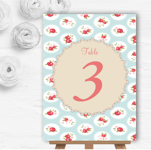 Light Blue And Red Roses Shabby Chic Chintz Wedding Table Number Name Cards