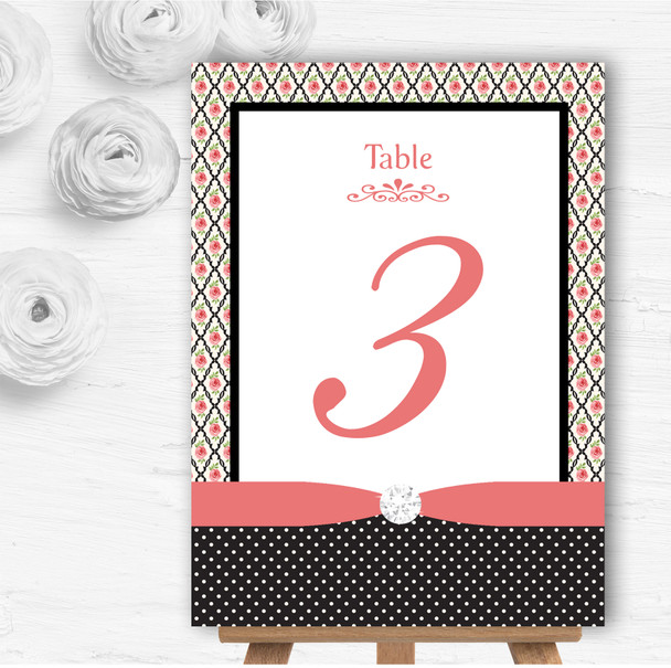 Coral Pink Rose Shabby Chic Black Polkadot Wedding Table Number Name Cards