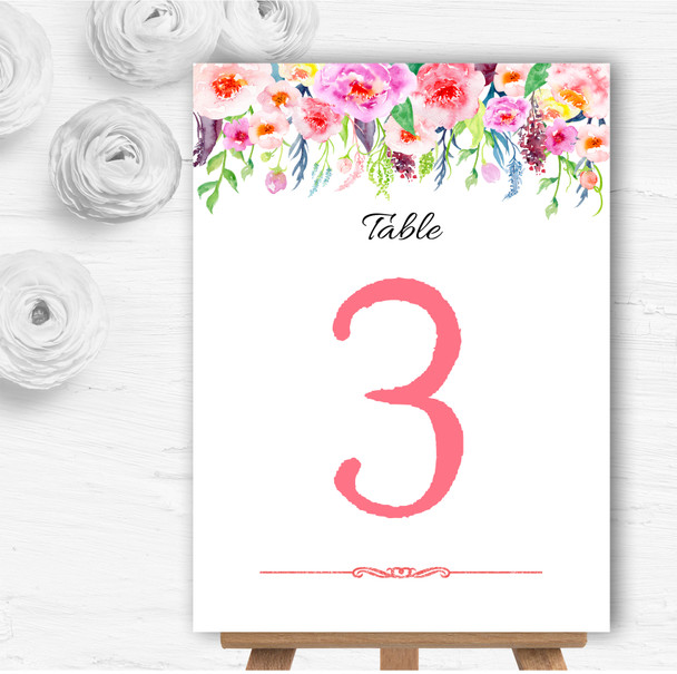 Coral Pink Watercolour Floral Personalised Wedding Table Number Name Cards