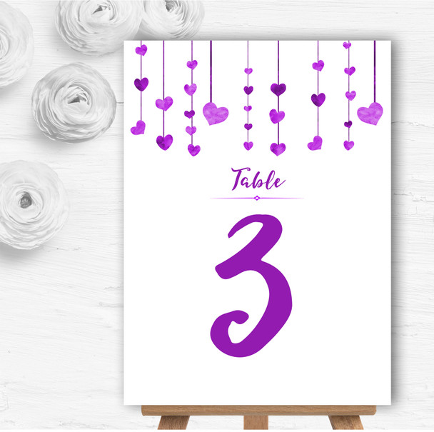 Purple Watercolour Heart Drop Personalised Wedding Table Number Name Cards