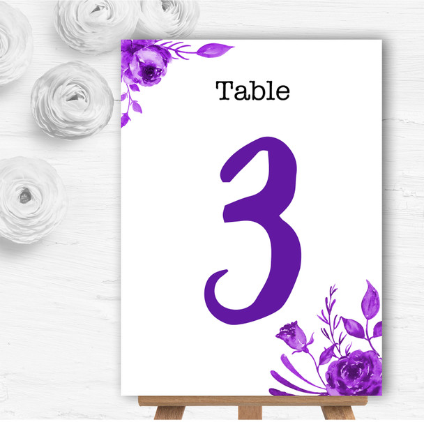 Cadbury Purple & White Watercolour Floral Wedding Table Number Name Cards