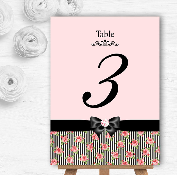 Coral Pink Rose Shabby Chic Black Stripes Wedding Table Number Name Cards