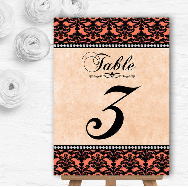 Coral Black Damask and Diamond Personalised Wedding Table Number Name Cards