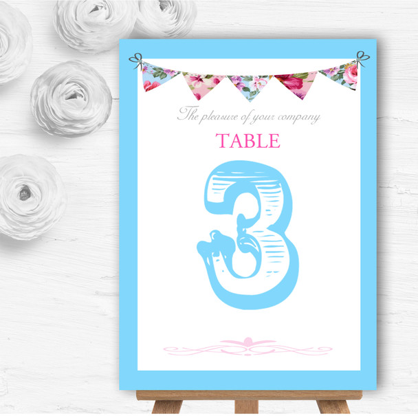 Blue Pink Bunting Shabby Chic Tea Garden Wedding Table Number Name Cards