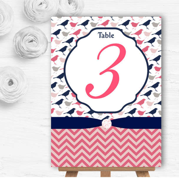 Coral Pink & Navy Blue Shabby Chic Birds Wedding Table Number Name Cards