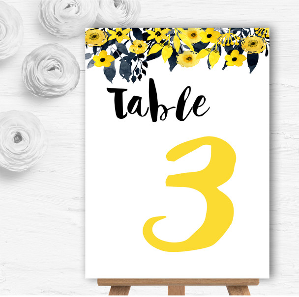 Watercolour Black & Yellow Floral Header Wedding Table Number Name Cards