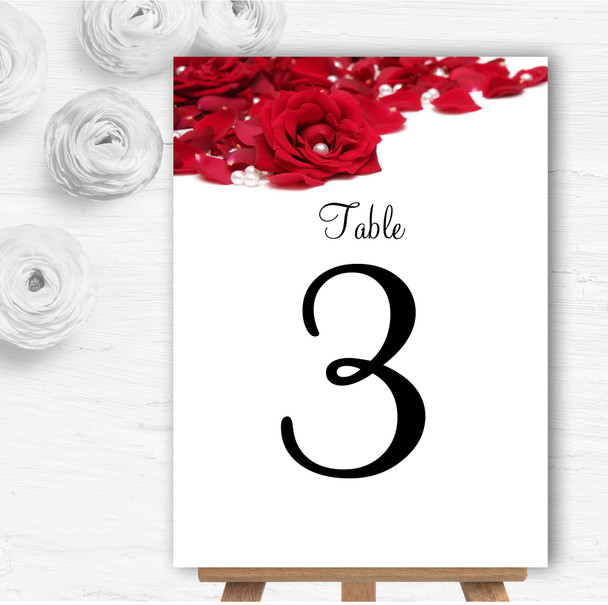 White Pearl Red Rose Petals Personalised Wedding Table Number Name Cards