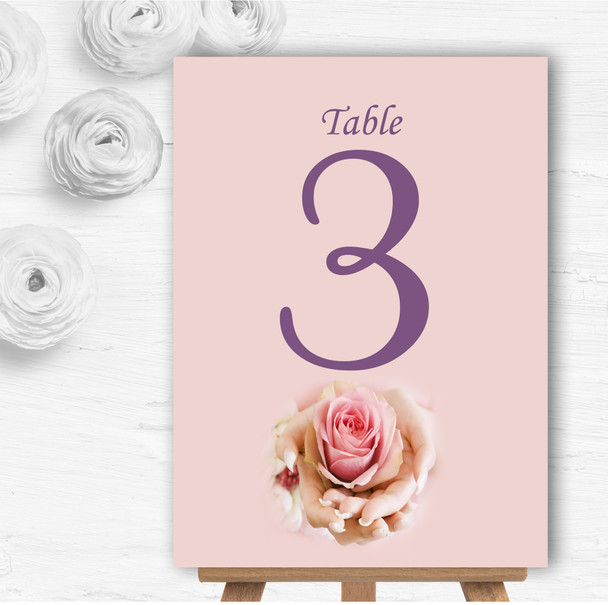 Pink Lilac Flower In Hand Personalised Wedding Table Number Name Cards