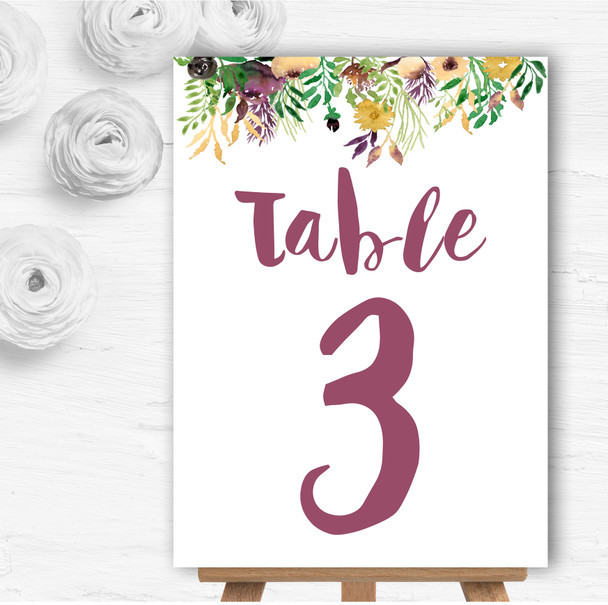 Autumn Plum Watercolour Floral Header Wedding Table Number Name Cards