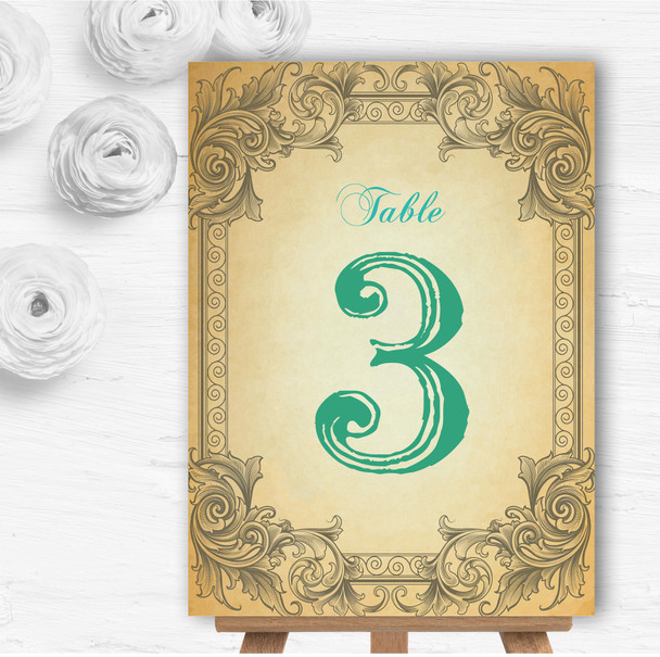 Typography Vintage Turquoise Postcard Wedding Table Number Name Cards