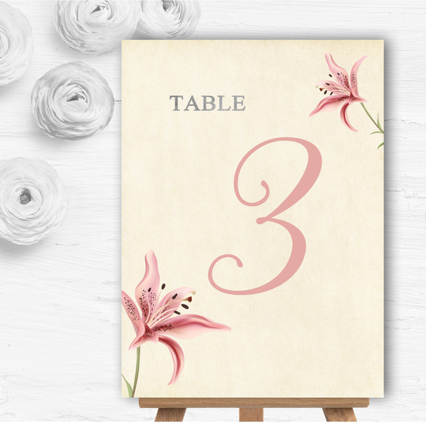 Coral Pink Lily Vintage Personalised Wedding Table Number Name Cards
