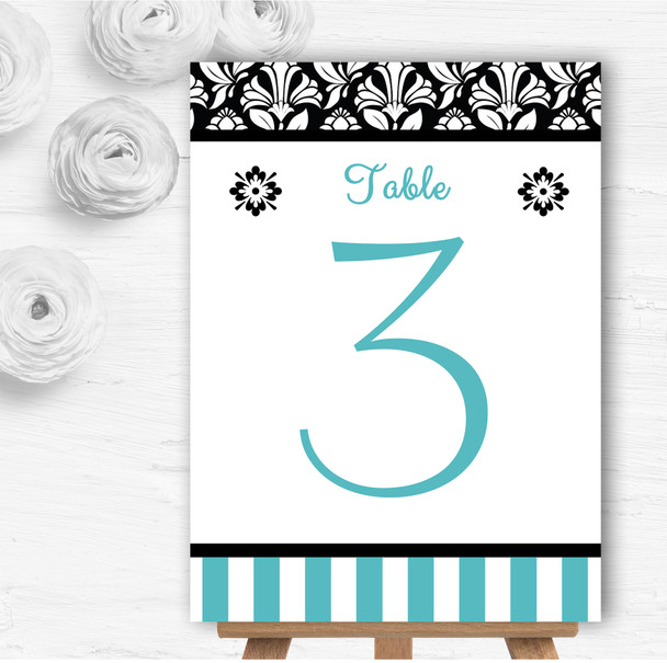 Damask And Aqua Stripes Personalised Wedding Table Number Name Cards