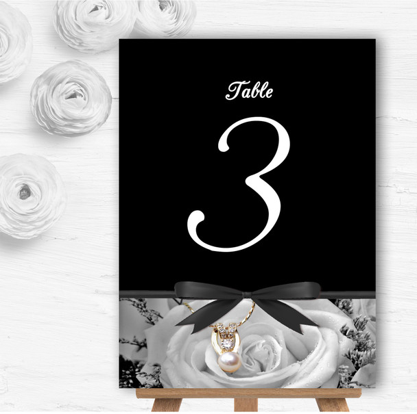 Black White Rose Pearl Personalised Wedding Table Number Name Cards