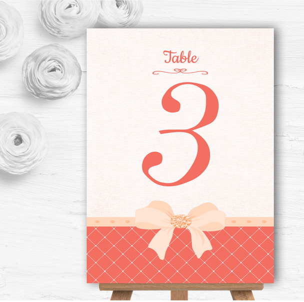Quilted Look Coral Bow Personalised Wedding Table Number Name Cards