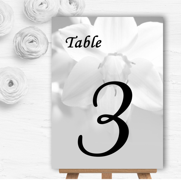 Grey White Daffodil Personalised Wedding Table Number Name Cards